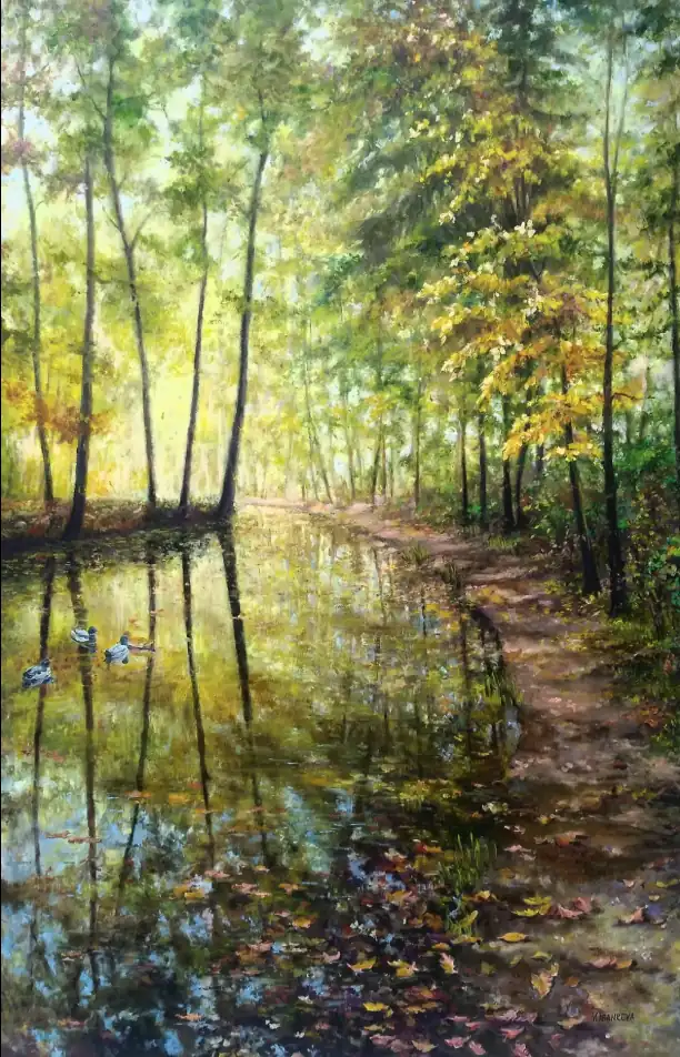 Ducks on the Quiet River — a tranquil scene of ducks swimming on a calm waterway