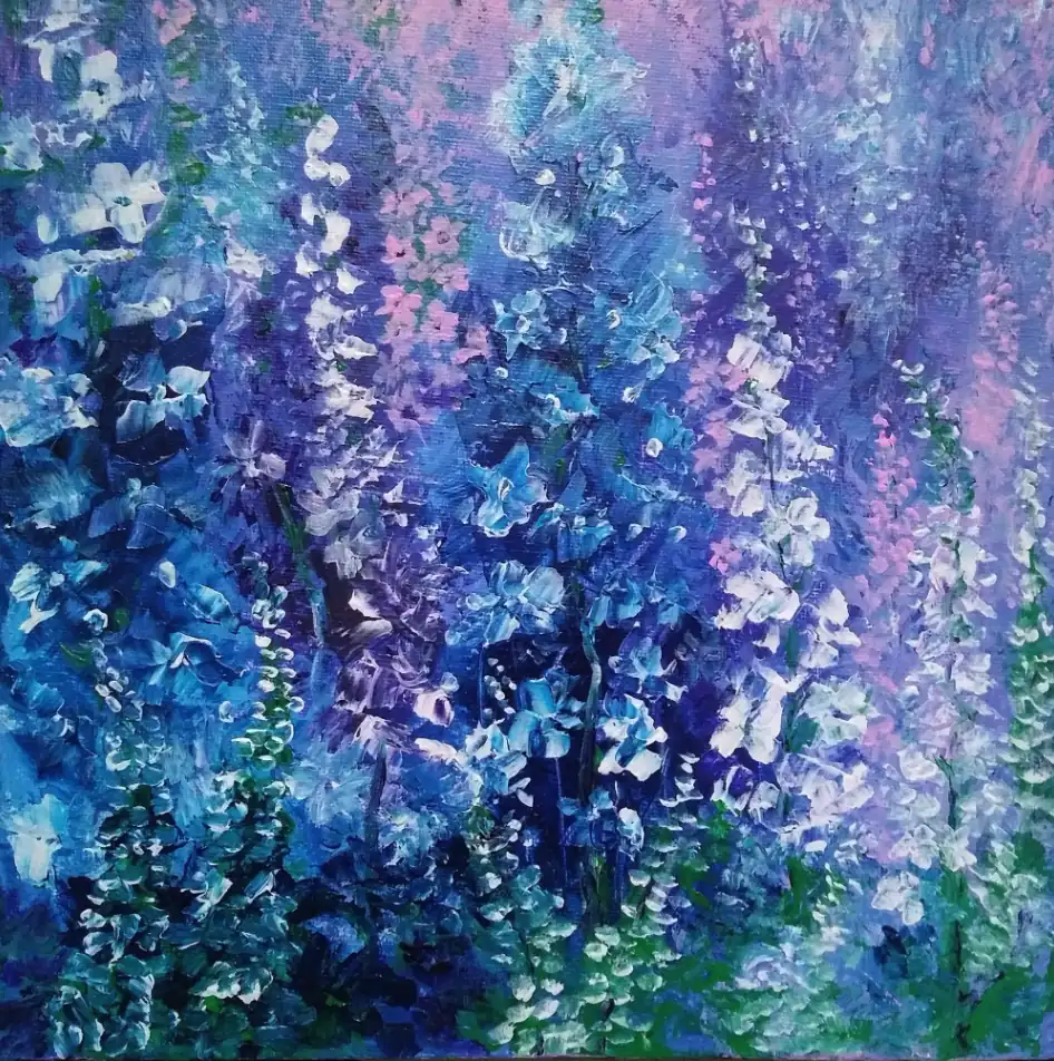 Purple Flowers — an expressive close-up painting of blue and purple blossoms